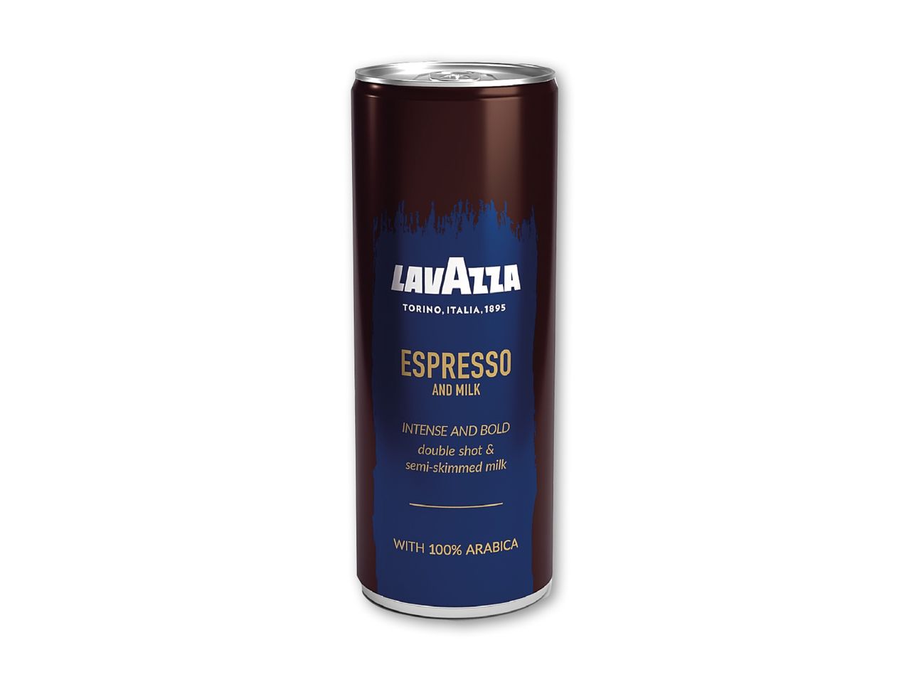 Mørkebrun dåse med espresso og mælk, der er intens og fed med dobbelt shot og 100 % Arabica.