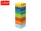 A tall tower of colorful wooden blocks, each featuring a different dinosaur illustration.