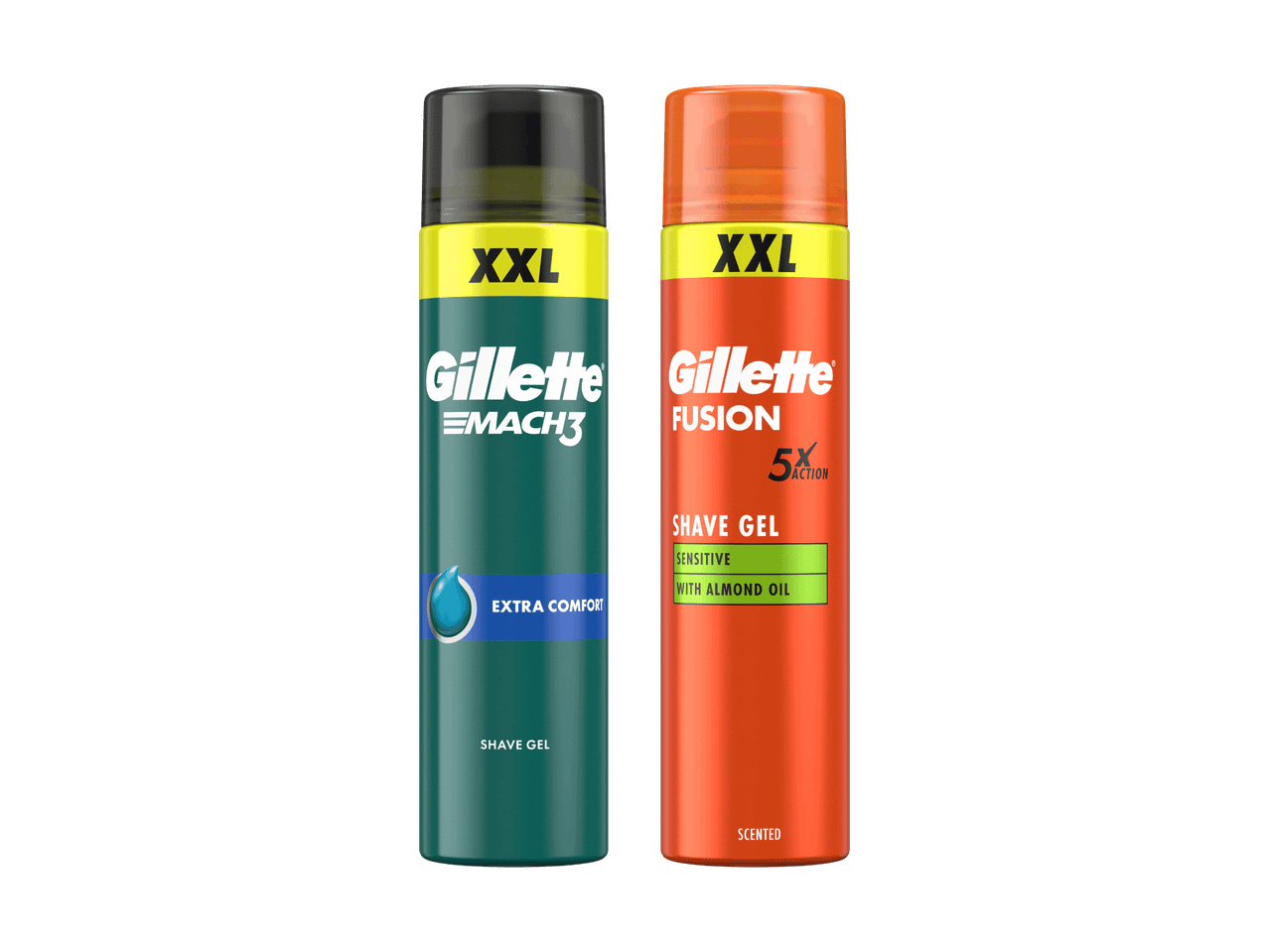 Zwei Gillette Fusion5 ProShield Rasiergels: eines in grün, eines in orange.