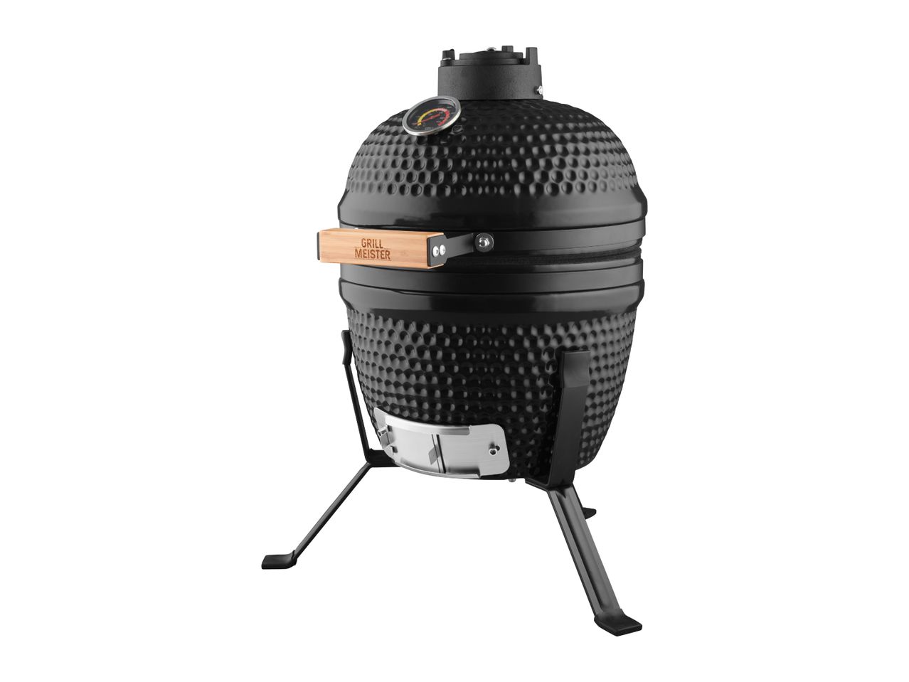 Black ceramic kamado grill with a built-in thermometer and wooden handle
