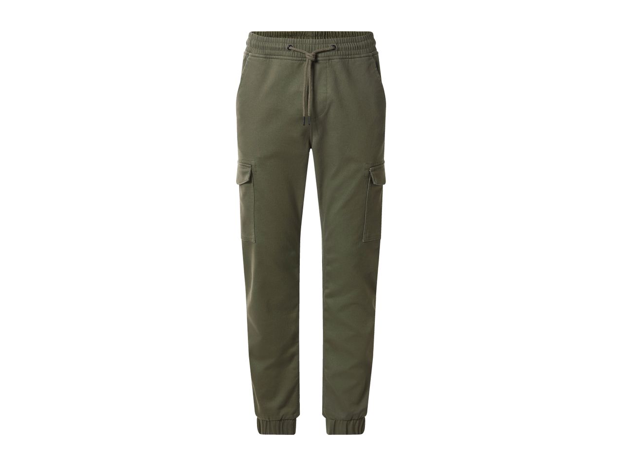 Men's olive green cargo jogger trousers with drawstring waist and cuffed ankles