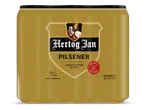 Gouden bierblik met een koning die een bierpul vasthoudt, met de tekst 'Pilsener' en 'Zacht Bitter & Fris'.