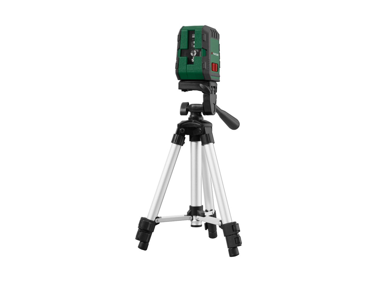 A green laser level mounted on a black and silver tripod.