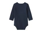 Dark blue long-sleeved baby bodysuit, back view.