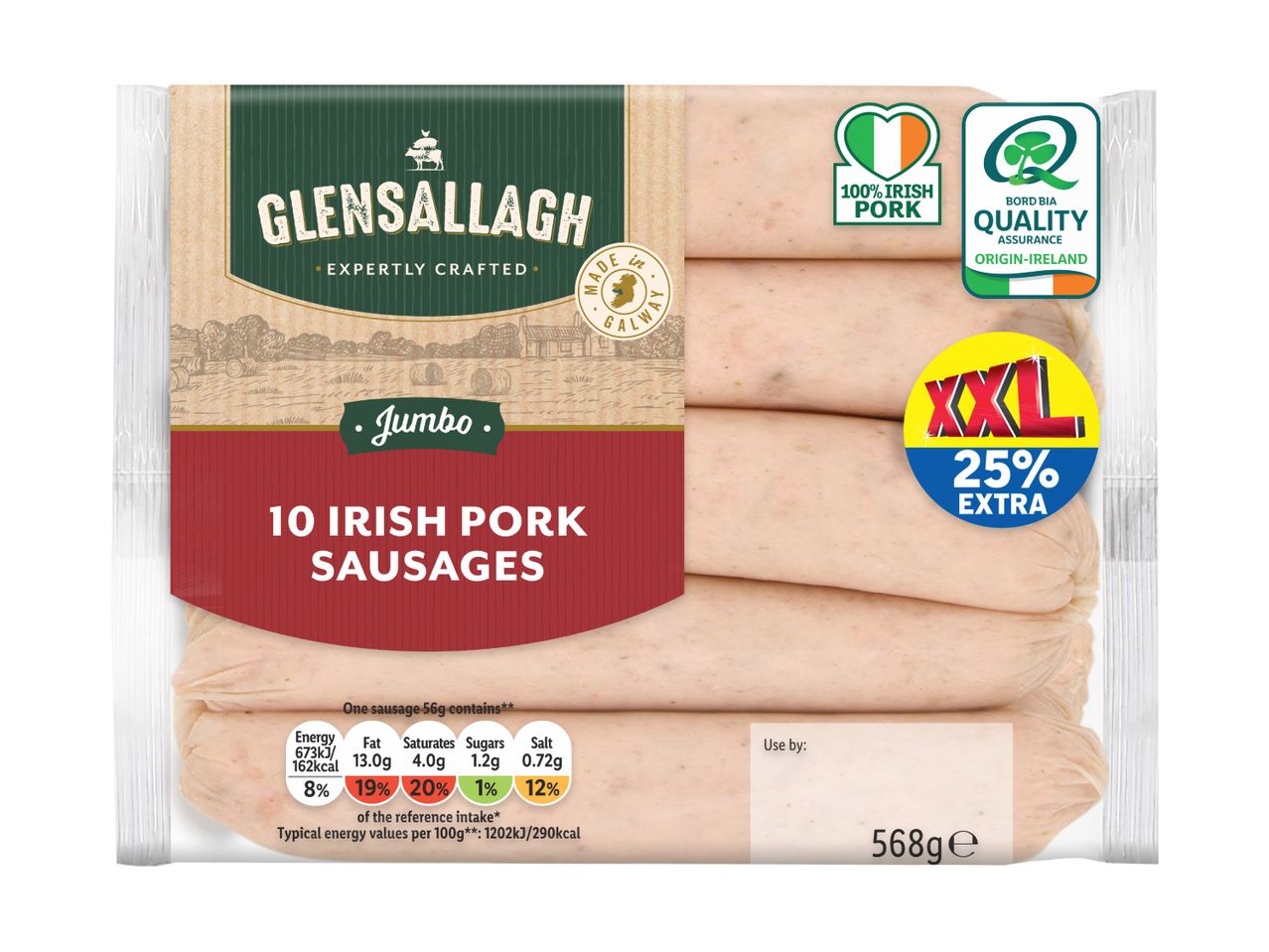 Glensallagh 10 Irish Pork Sausages with 25% extra and nutritional information.