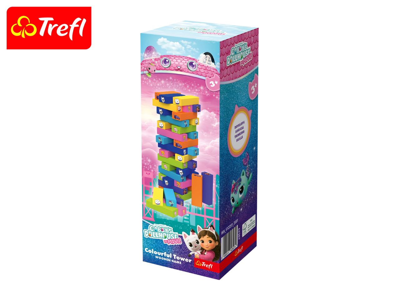 A colorful wooden block tower game featuring characters from Gabby's Dollhouse, promoting logical thinking skills for ages 3+.