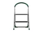 Two-step stepladder with a green handle and black steps, front view.