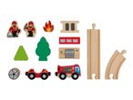 Wooden fire station toy set with firefighters, fire truck, trees, fire, and train tracks.