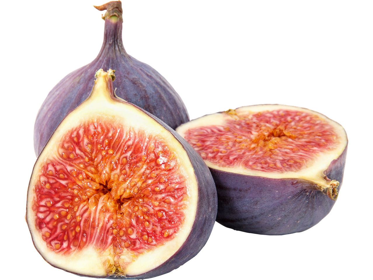 Två fikon, varav ett är halverat och visar den röda fruktköttet med frön.