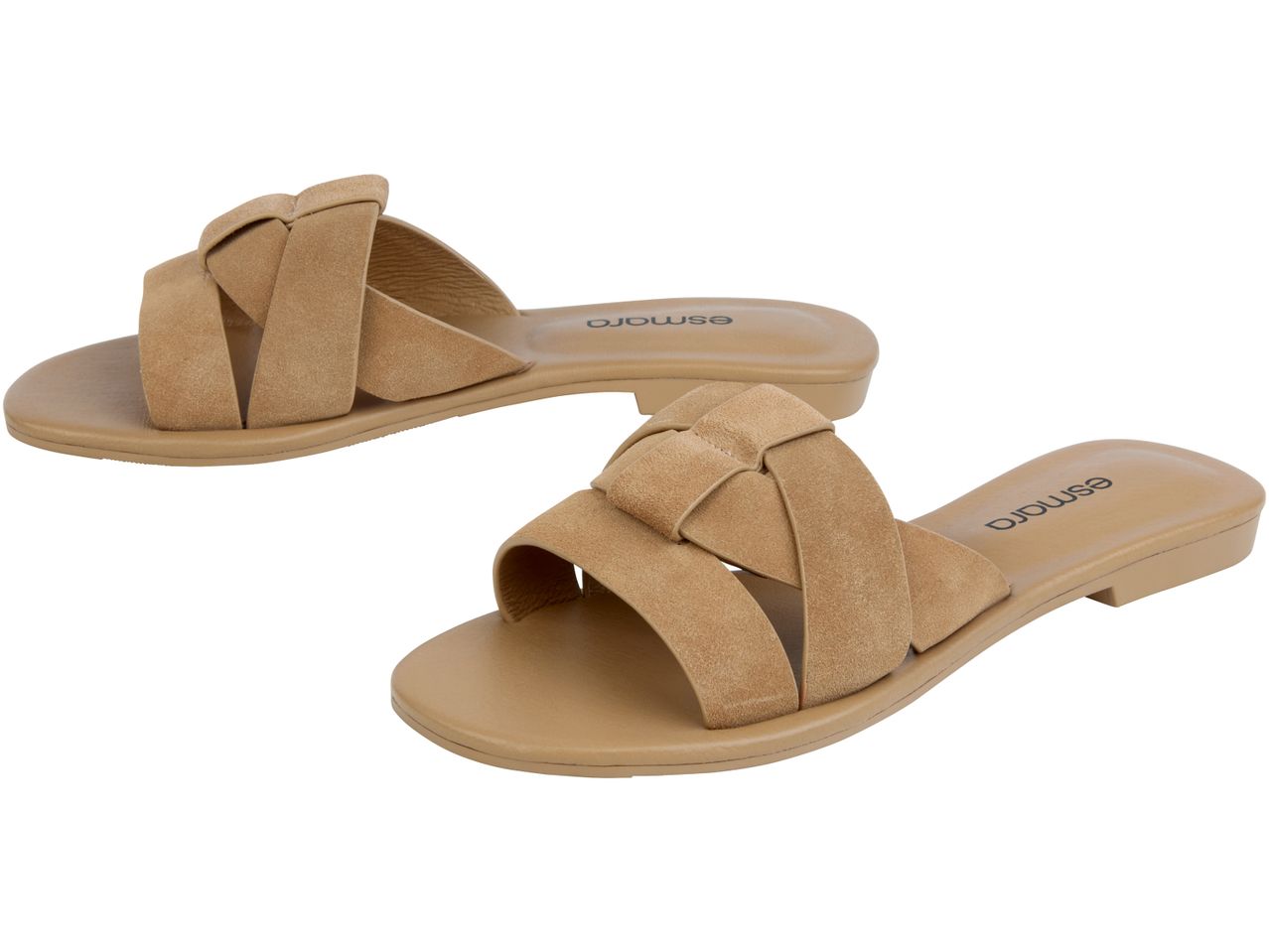 Sandali color cammello in suede, con cinturino intrecciato.