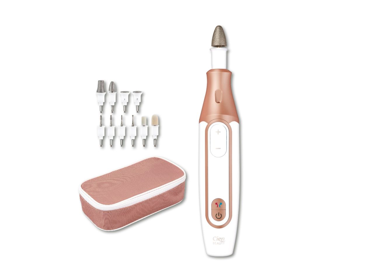 Cien Beauty maniküüri- ja pediküürikomplekt roosakuldse seadme, otsikute ja hoiukotiga.