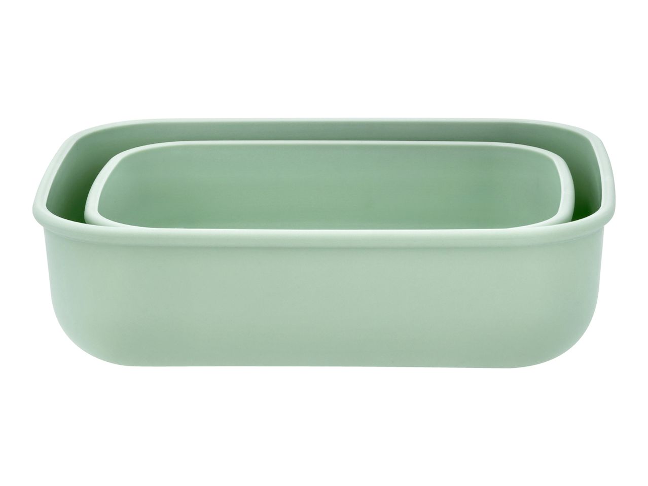 Two light green rectangular food containers, one nested inside the other.
