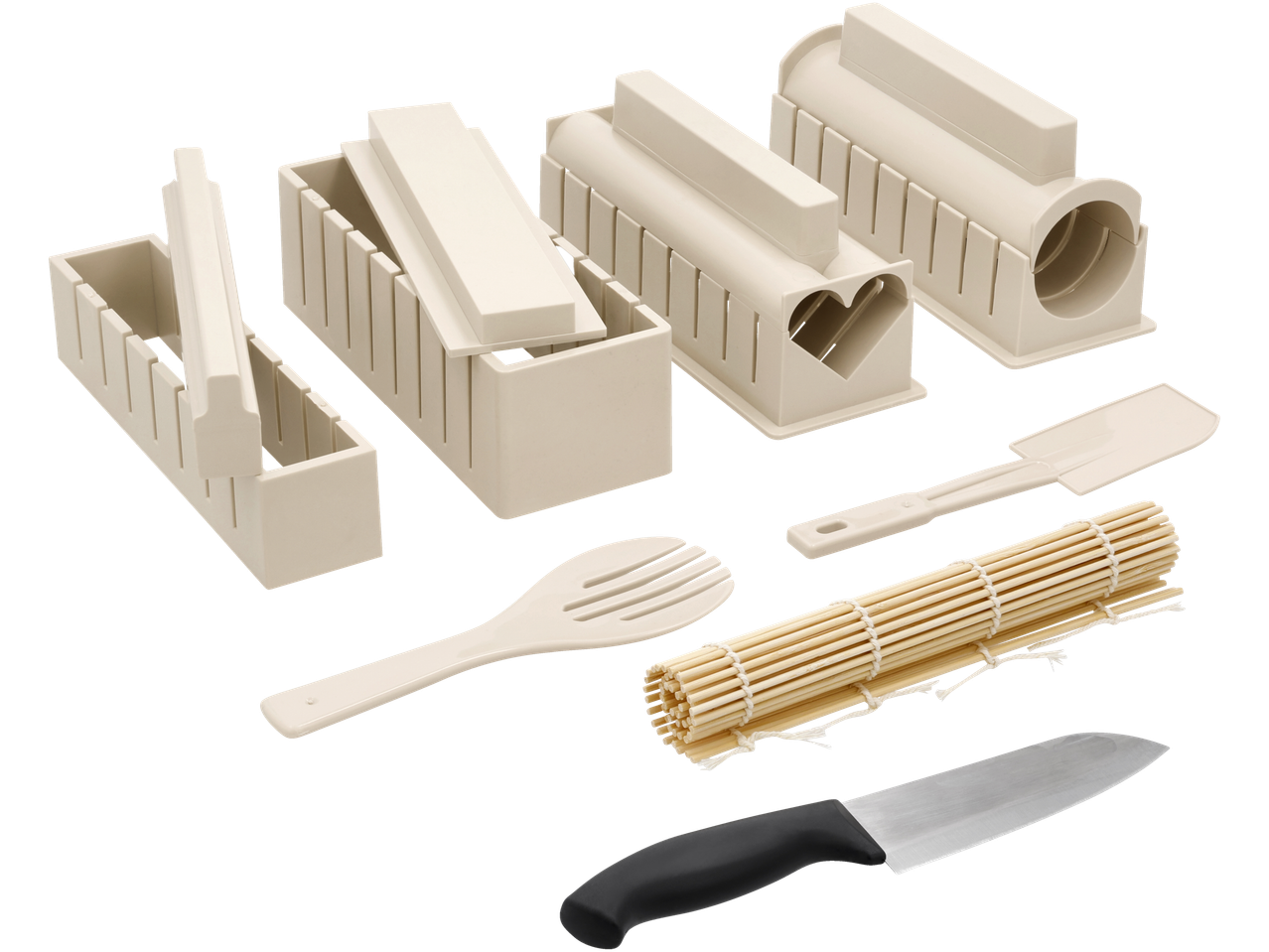 Kit de sushi Silvercrest com moldes, espátula, garfo, esteira de bambu e faca.