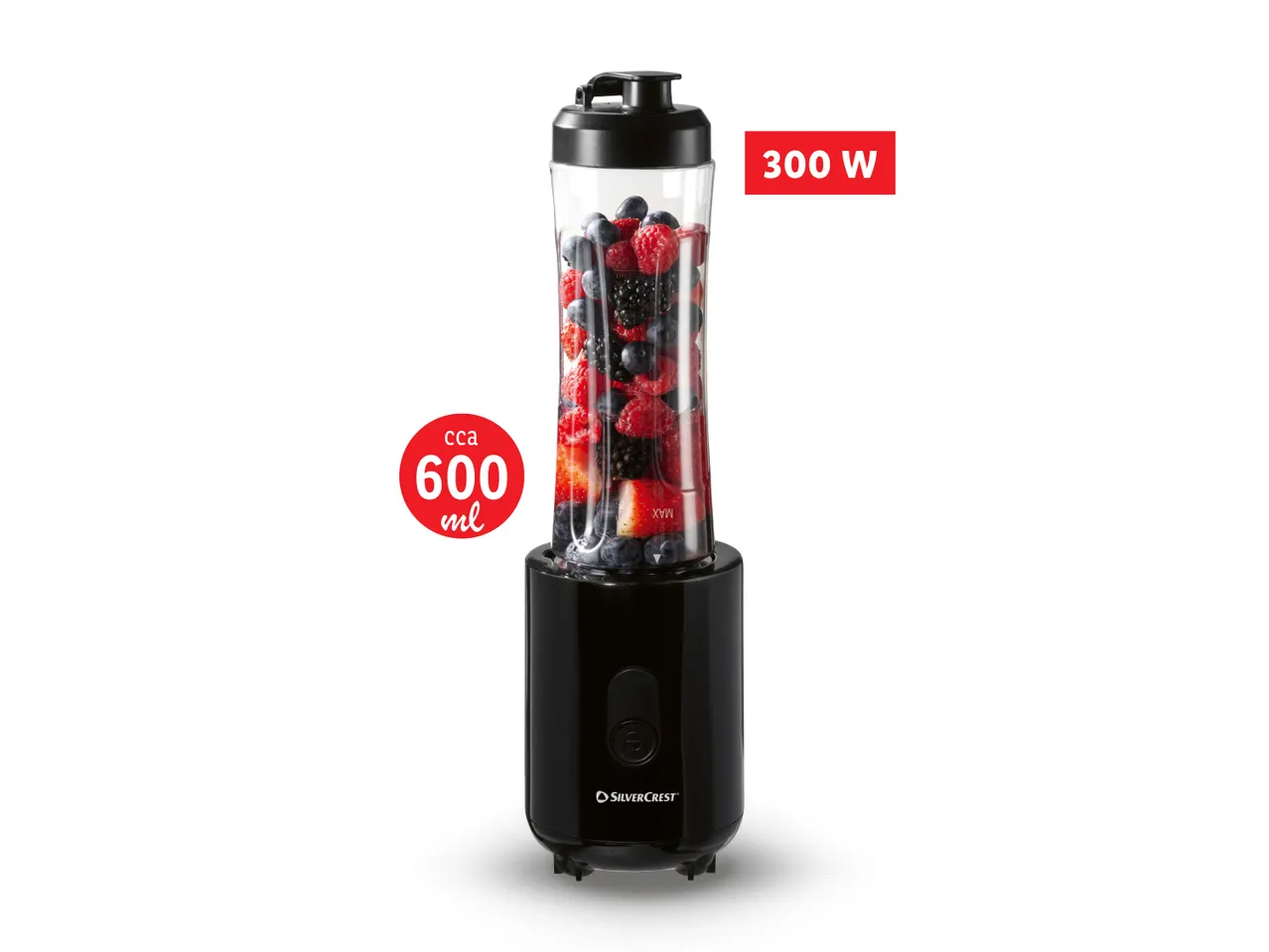 SilverCrest mikser za smoothie od 300 W s posudom od cca 600 ml, punjen smrznutim bobičastim voćem.