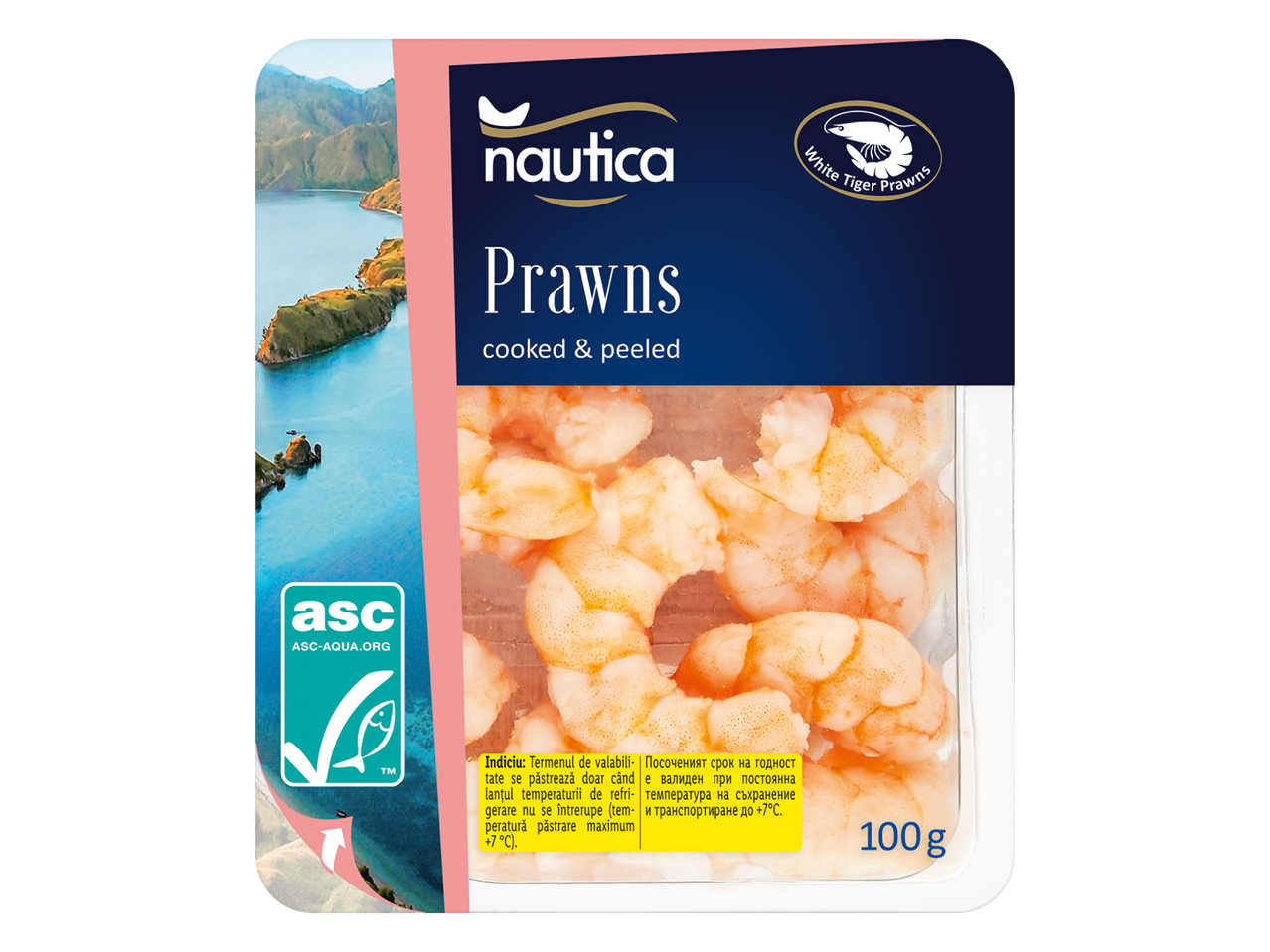 Nautica creveți White Tiger gătiți și decorticați, 100g, cu certificare ASC.