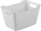 A white plastic storage bin with handles.