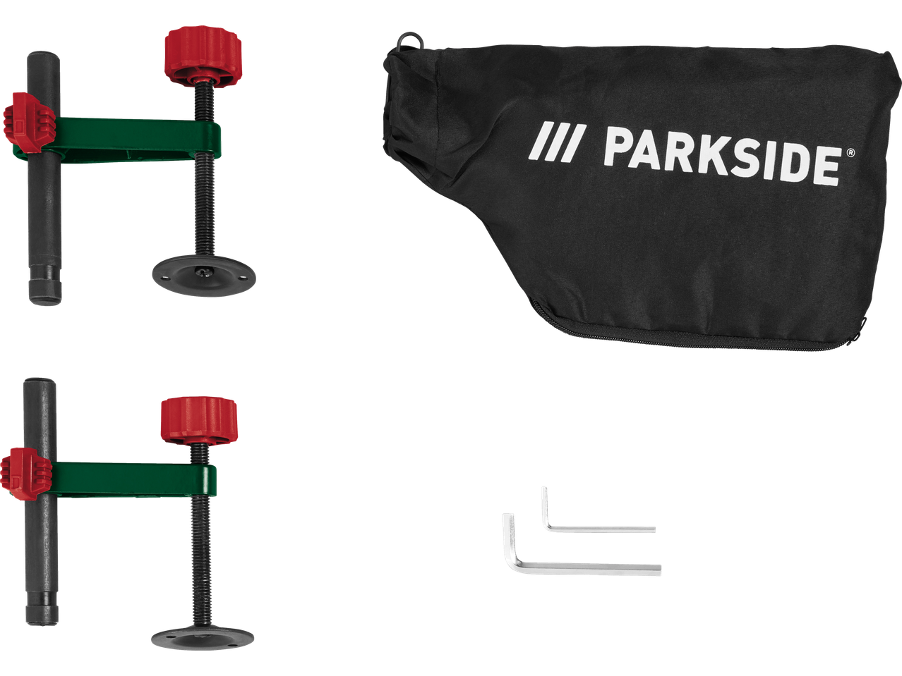 Kaks PARKSIDE varrasklambrit kruviga, kandekott ja kaks kuuskantvõtit.