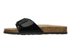 Black patent leather slide sandal with a cork footbed and a buckle detail