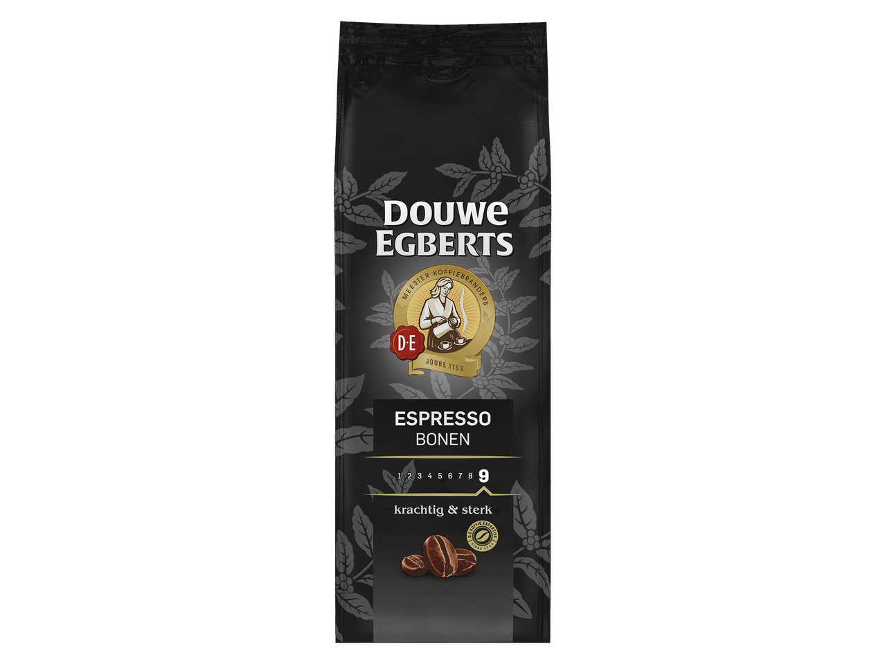 Zwarte verpakking voor espressobonen met een sterkte-indicator van 1 tot 9.