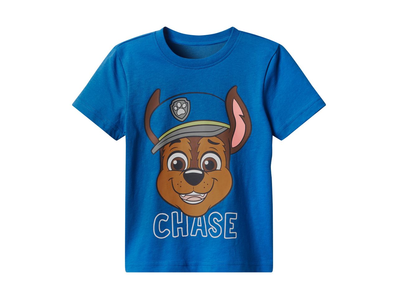 A blue Paw Patrol t-shirt featuring Chase.