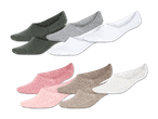 Sechs Paar Damen-Kniestrümpfe in Grau, Weiß, Rosa und Beige.