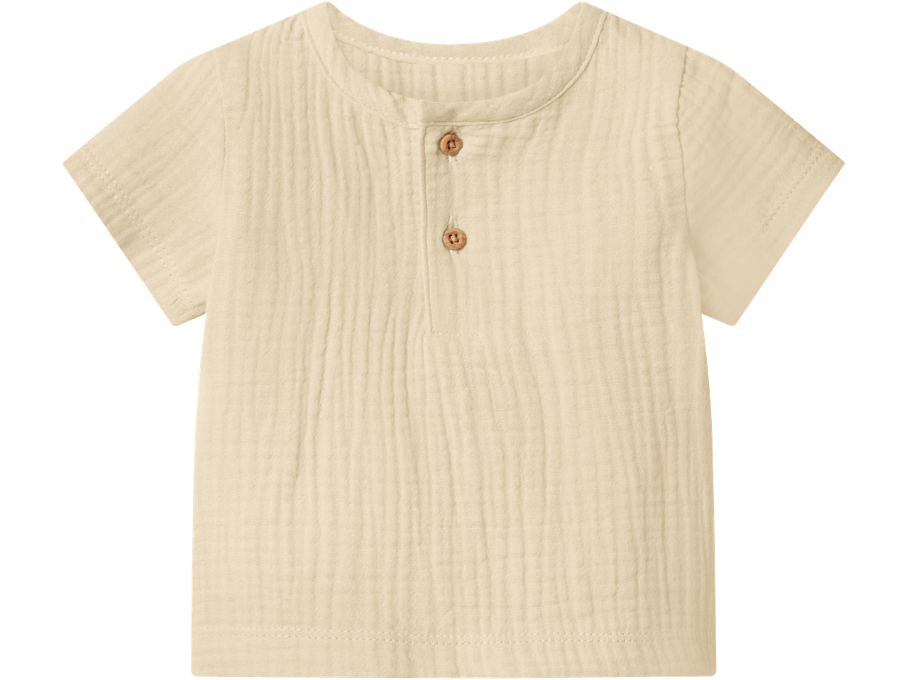 Light beige short-sleeved baby shirt with a round neck and two wooden buttons.