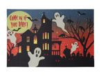 Halloween doormat with a haunted house, ghosts, bats, and the text 'COME IN IF YOU DARE!'