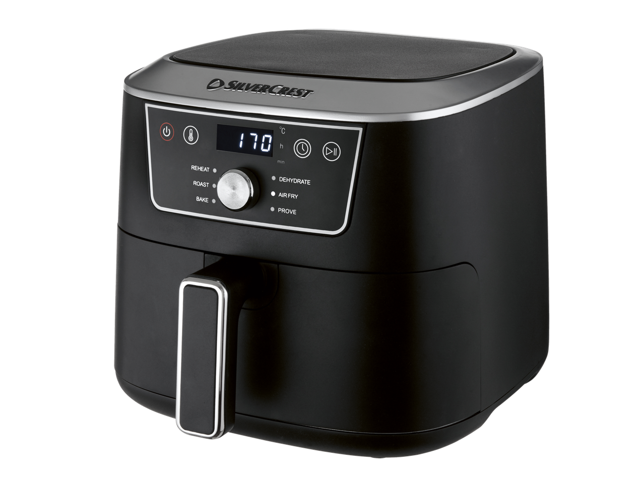 Juodas oro gruzdintuvas su skaitmeniniu ekranu, rodančiu 170°C ir įvairiomis kepimo funkcijomis.