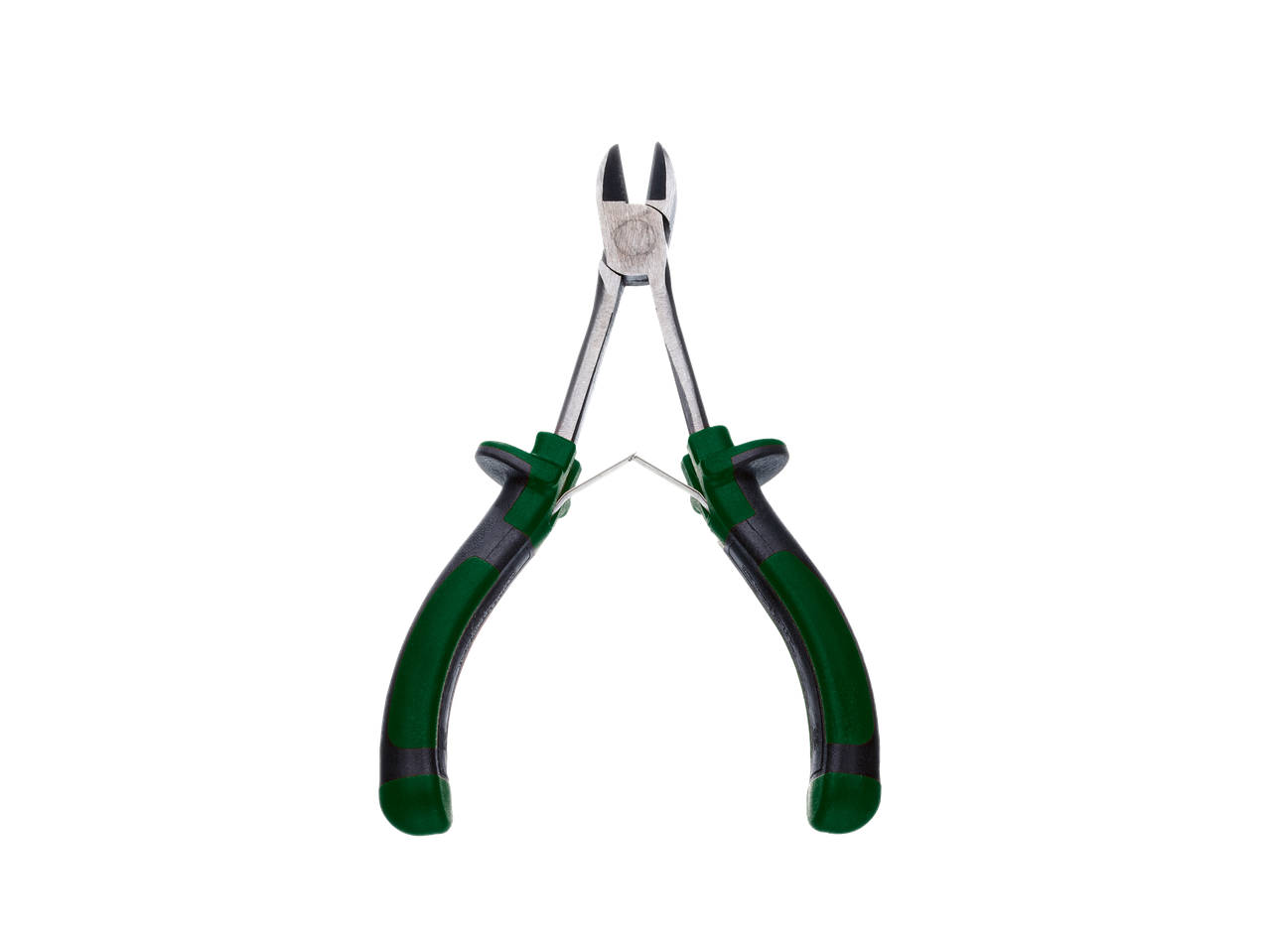 Kniptang met groene handgrepen op een zwarte achtergrond.