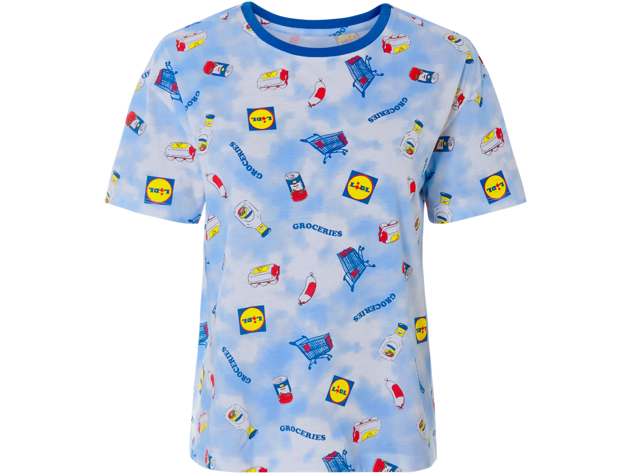 Light blue t-shirt with a grocery-themed pattern including shopping carts, canned goods, eggs, sausages, and bottles, with the word 'GROCERIES' repeated.