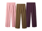 Tri para širokih hlača u ružičastoj, maslinasto zelenoj i tamnoljubičastoj boji.