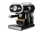Black SilverCrest espresso machine brewing coffee into two glasses.
