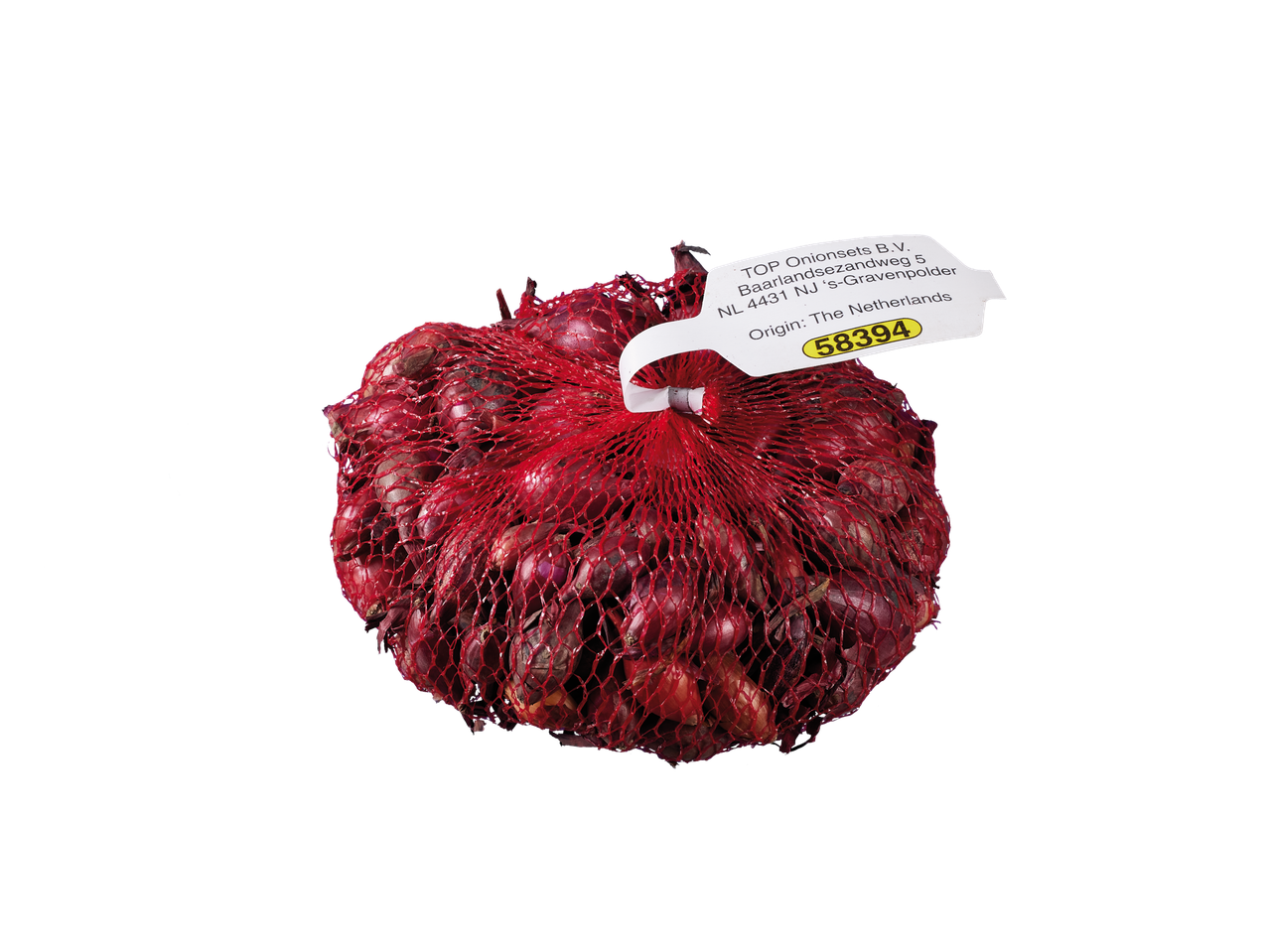 Red onion bulbs in a mesh bag with a label showing origin and product number 58394.