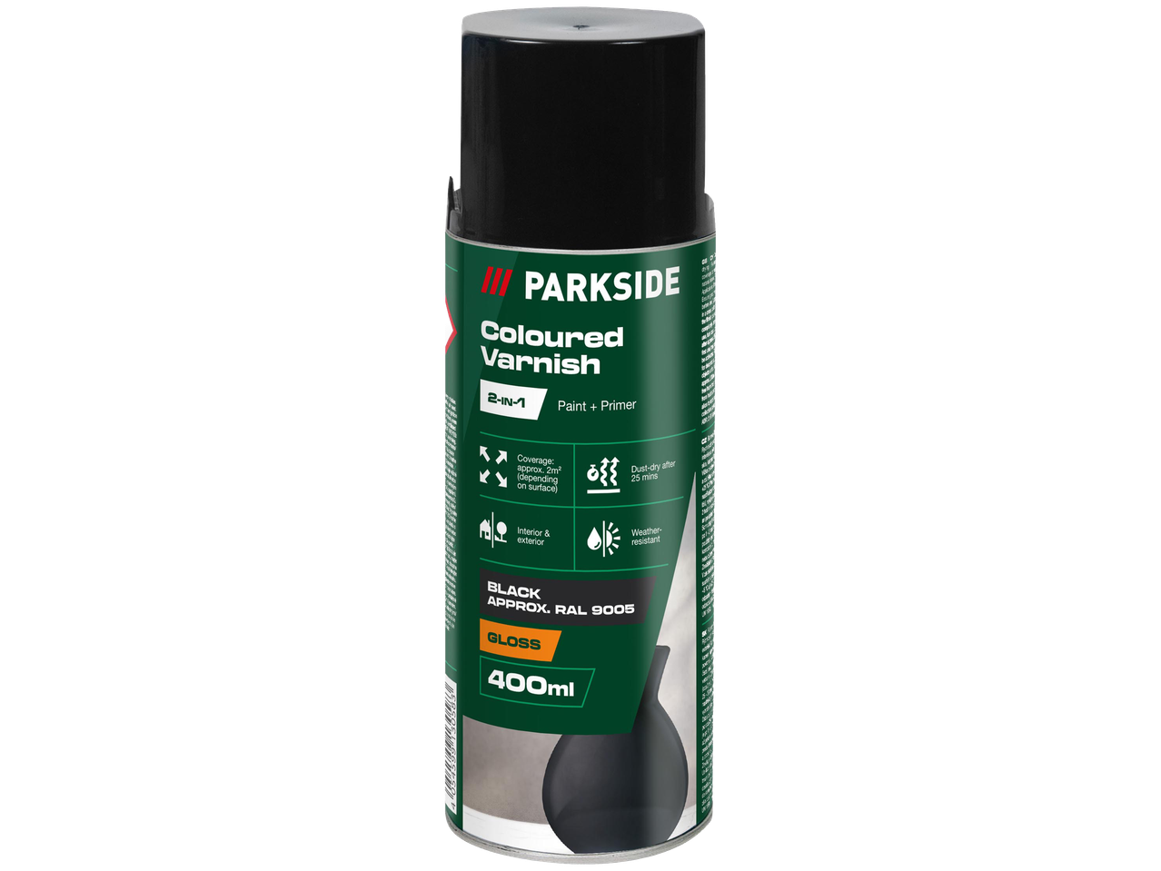 Fekete színű, fényes, 2 az 1-ben festék és alapozó spray, 400 ml-es kiszerelésben.