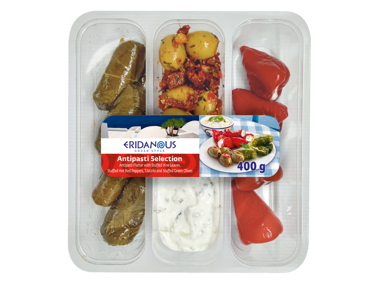 Eridanus: Antipasto ar pildītām vīnogu lapām, pildītām paprikām un olīvām.