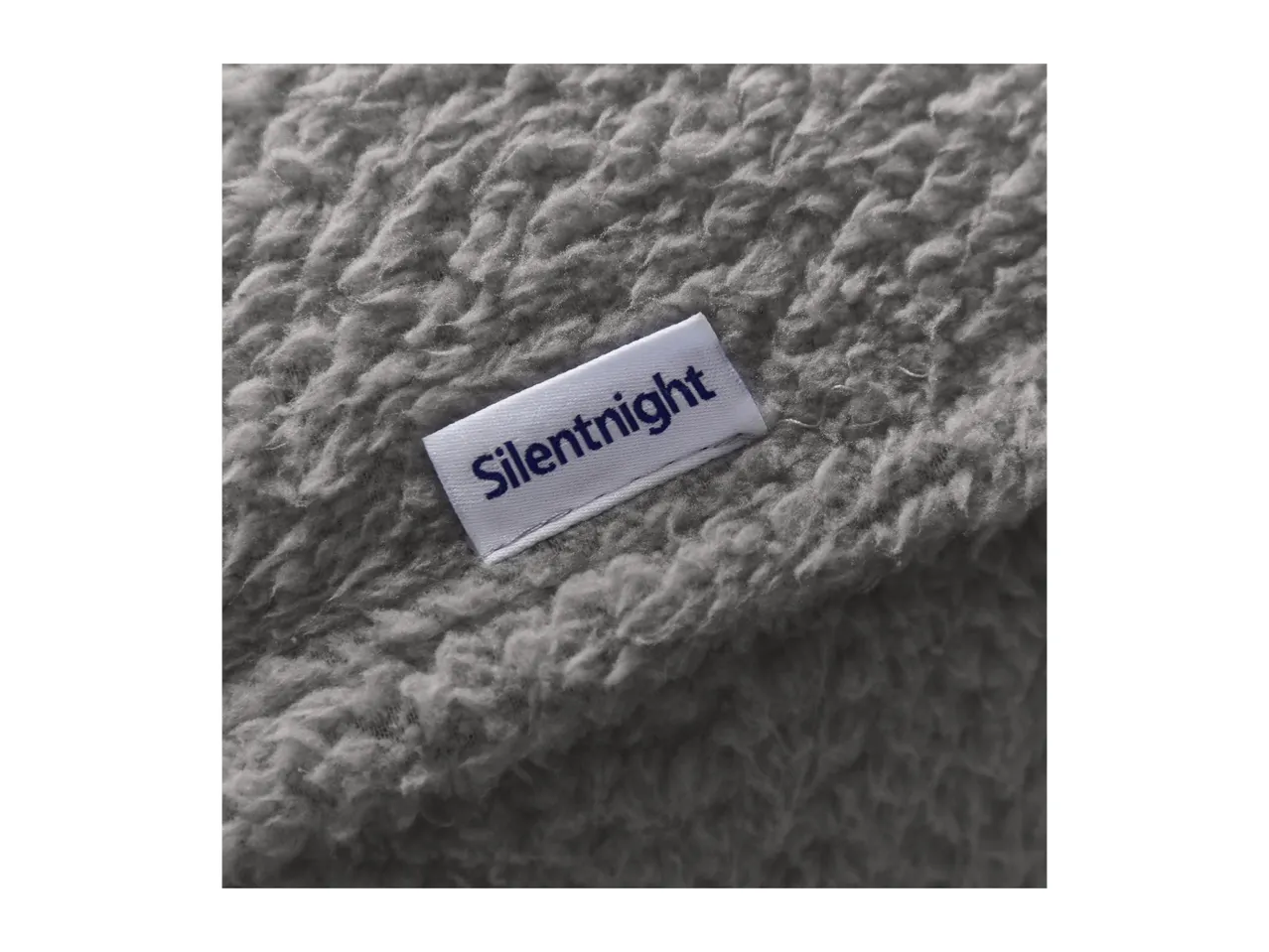 Close-up of a soft, grey fleece blanket with a white label that reads 'Silentnight'.