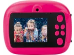 Pink children's digital camera with a screen showing three girls blowing confetti.