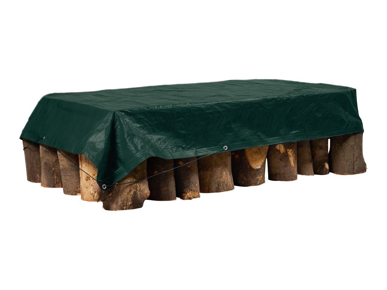 Log store with a dark green protective cover.