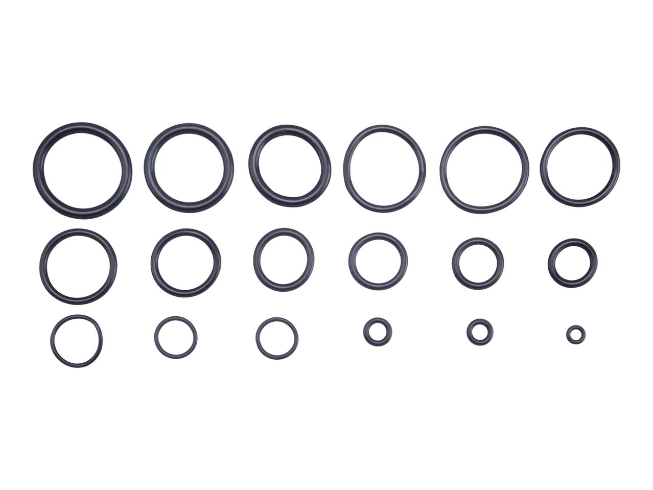 A collection of black rubber O-rings in various sizes, arranged in rows.