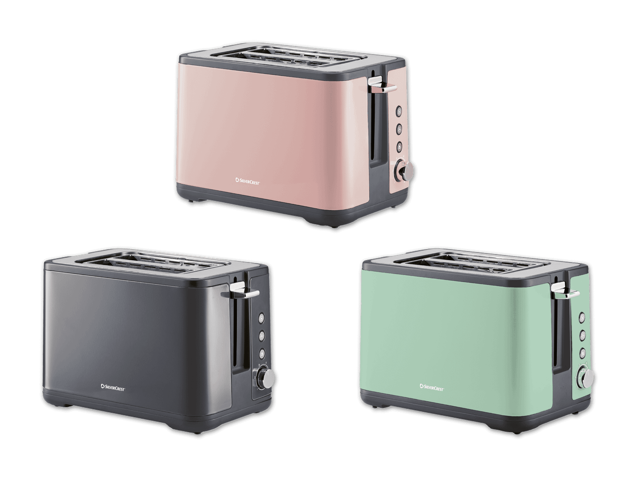 Drei SilverCrest Toaster in Rosa, Grau und Mintgrün.
