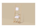 Bamboo ladder shelf with white towels, toiletries, and slippers on a beige background.