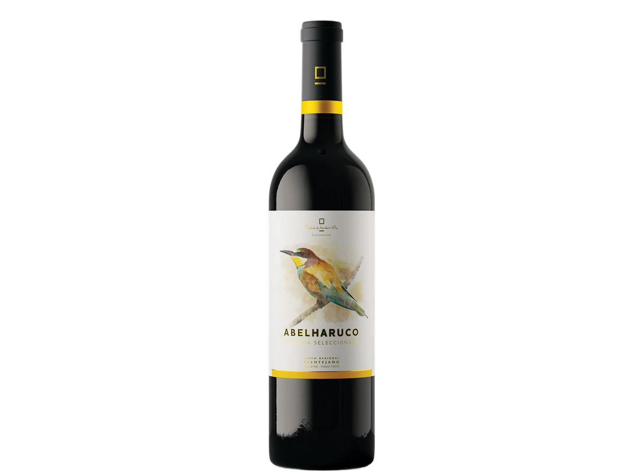 Garrafa de vinho tinto com rótulo branco e ilustração de um abelharuco colorido.