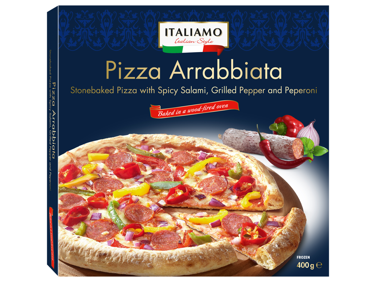 ITALIAMO Pizza Arrabbiata: akmeninėje krosnyje kepta pica su aštriu salami, kepta paprika ir pepperoni.