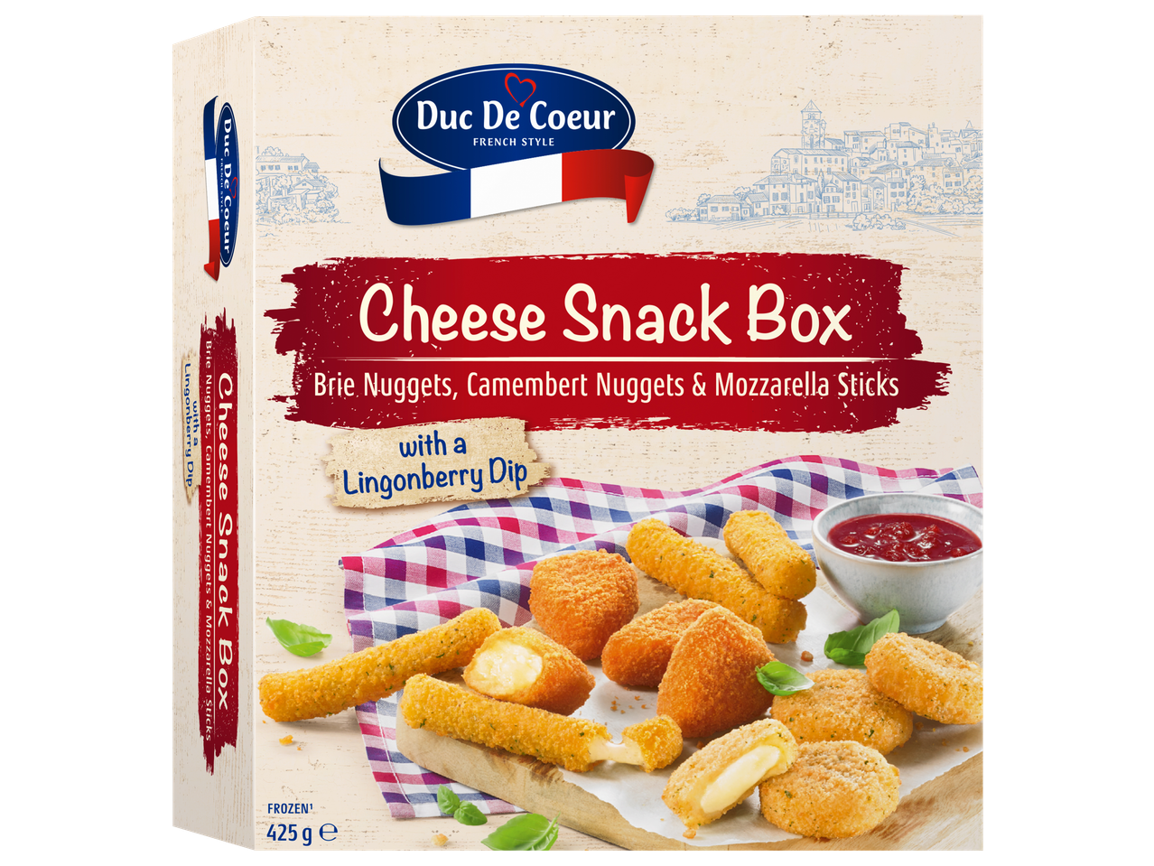 Cheese Snack Box with Brie Nuggets, Camembert Nuggets, Mozzarella Sticks, and Lingonberry Dip.