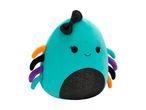 A teal spider plush toy with a black bow and colorful legs.
