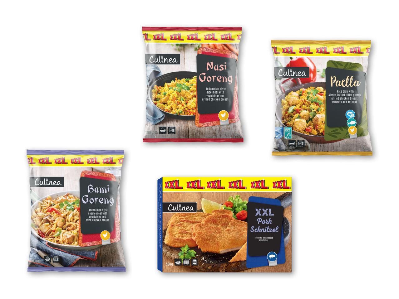 Culinea frosne måltider: Nasi Goreng, Bami Goreng, Paella og XXL svinekoteletter.