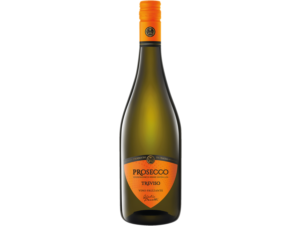 Allini Prosecco Treviso Frizzante wine bottle with an orange label