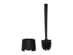 Black toilet brush and holder set on a white background.