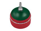 Red and green sanding disc with a metal shaft, isolated on a white background.