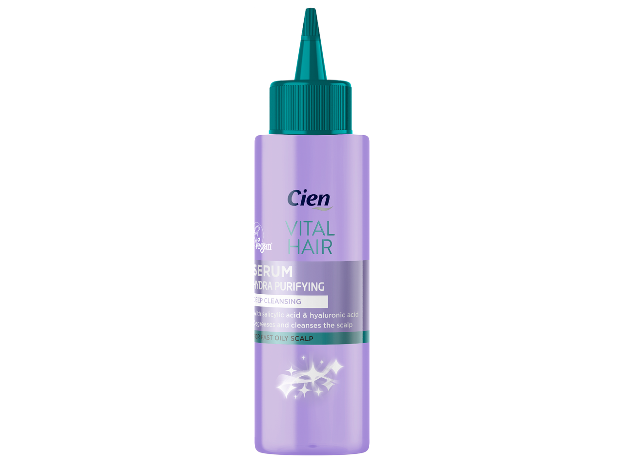 Лилав серум за коса с надпис „VITAL HAIR SERUM HYDRA PURIFYING DEEP CLEANSING“.